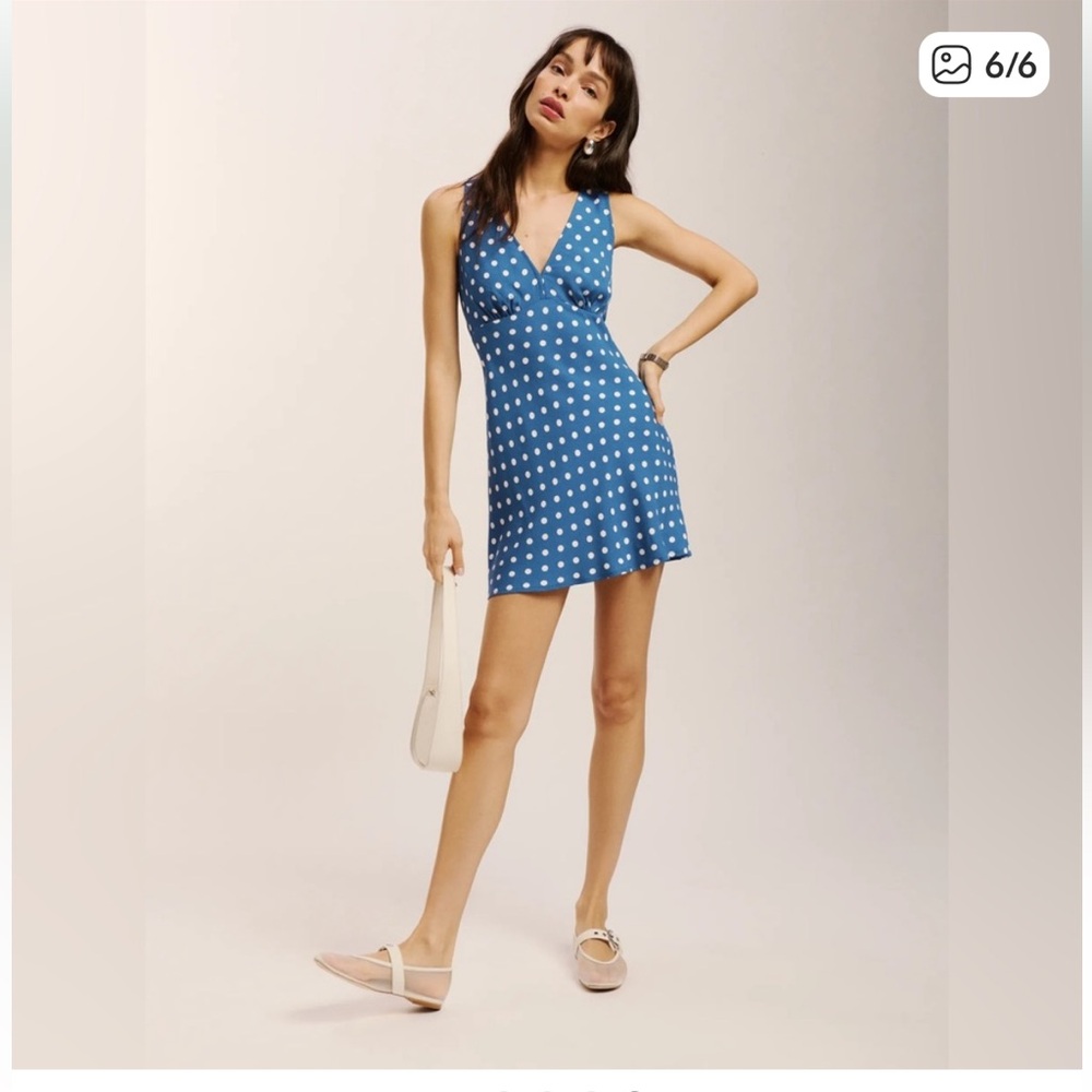 Reformation Navy and White Polka Dot Midi Dress